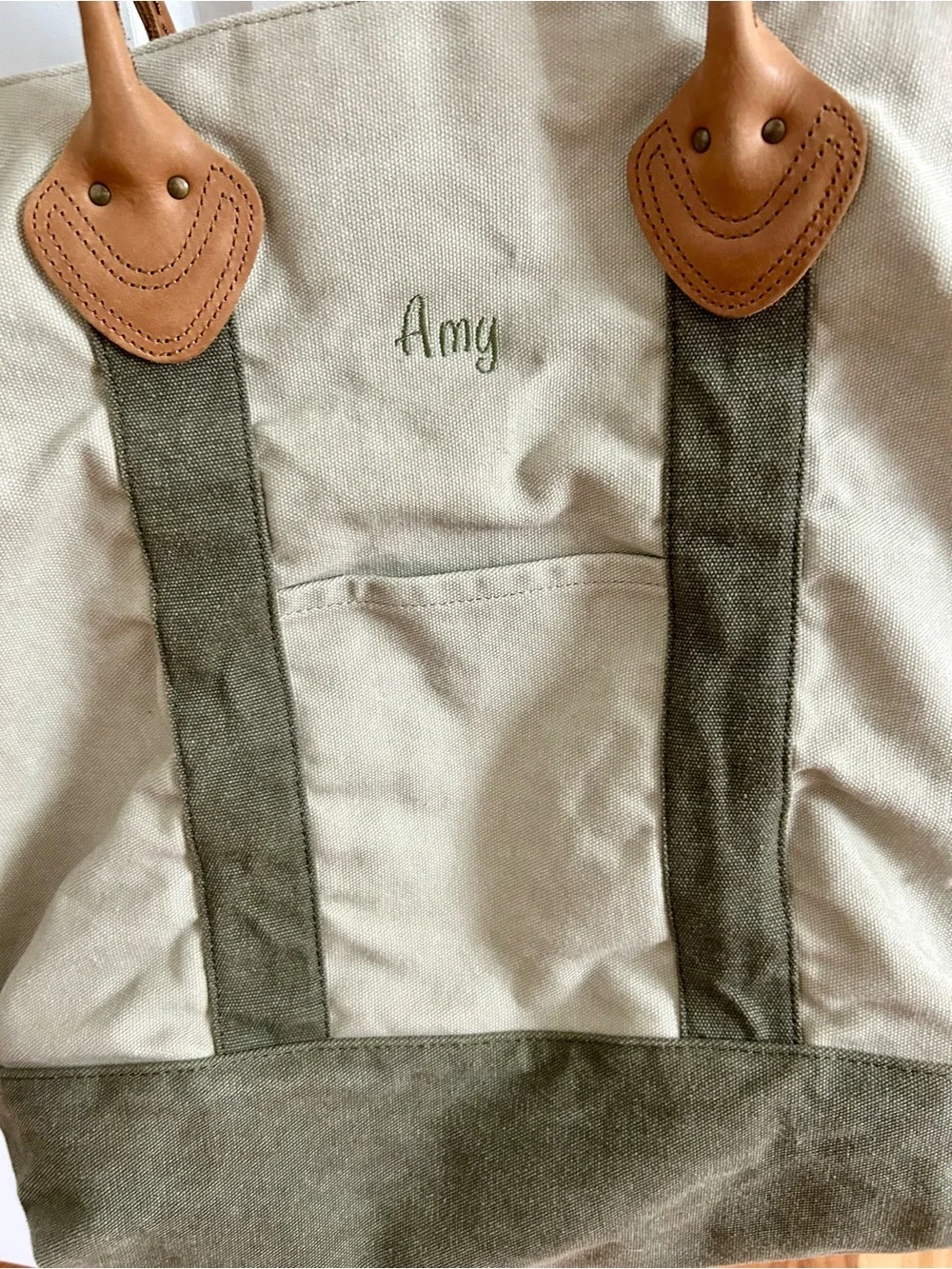 L.L. Bean Canvas Tote in Olive and Tan Leather- Excellent Condition